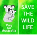 A vertical vector image for a smartphone with a text Save the wild life and a koala with a cub. Environment protection illustrati