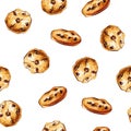 Watercolor hand drawn illustration seamless random print with american cookies with chocolate chips isolated on white