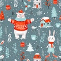 Winter Christmas holiday hand-drawn raster seamless pattern. Clipping path included