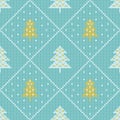 Winter holiday knitted diamond pattern. Christams trees pastel seamless vector pattern with knitted texture.White and yellow eleme