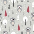 Winter seamless pattern with cute owls, trees and snowflakes.