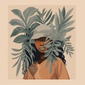 leaf woman beige print trendy poster abstract design palm drawing art. Generative AI.