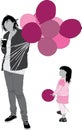 Pink and purple balloons held by grayscale adult