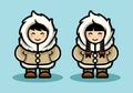 Young Eskimo Cute Couple Character Illustration in Cartoon Style. Arctic people living in north pole flat design