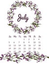 Printable botanical calendar 2020 with wreath and endless brush of purple iris flowers and leaves. Hand drawn colored sketch. Royalty Free Stock Photo