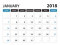 Printable calendar for January 2018, Week starts on Sunday