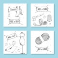 Printable card in retro style Hand-drawn. Sewing devices, devices for manufacturing, tailoring and textiles. Made in the USA, Chin