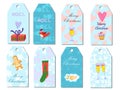 Printable Christmas tags set with gingerbread, gift box, bullfinch, glass, cake, short phrases. Royalty Free Stock Photo