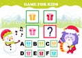 Printable christmas themed game for kids with yeti character and snowman dressed as elf and singing carols
