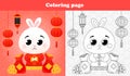 Printable coloring page for kids with cute rabbit in chinese traditional costume and wealth signs, coins and laterns