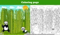 Printable coloring page for kids with japanese scene with panda bear eating bamboo and cute little bear, worksheet Royalty Free Stock Photo