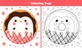 Printable coloring page for kids with sweet penguin shape donut with icing and chocolate in cartoon style, game