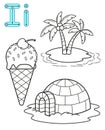 Printable coloring page for kindergarten and preschool. Card for study English. Vector coloring book alphabet. Letter I. island,