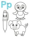 Printable coloring page for kindergarten and preschool. Card for study English. Vector coloring book alphabet. Letter P. pen, Royalty Free Stock Photo