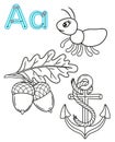 Printable coloring page for kindergarten and preschool. Card for study English. Vector coloring book alphabet. Letter A. Anchor, Royalty Free Stock Photo