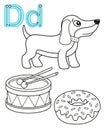 Printable coloring page for kindergarten and preschool. Card for study English. Vector coloring book alphabet. Letter D. dog, drum