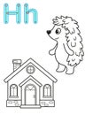 Printable coloring page for kindergarten and preschool. Card for study English. Vector coloring book alphabet. Letter H. hedgehog