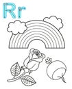 Printable coloring page for kindergarten and preschool. Card for study English. Vector coloring book alphabet. Letter R. rainbow, Royalty Free Stock Photo