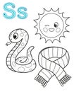 Printable coloring page for kindergarten and preschool. Card for study English. Vector coloring book alphabet. Letter S. scarf,