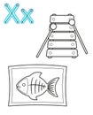 Printable coloring page for kindergarten and preschool. Card for study English. Vector coloring book alphabet. Letter X. xylophone Royalty Free Stock Photo