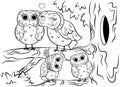 Printable coloring page outline of cute cartoon owl family sitting on tree near the hollow. Vector image. Coloring book of forest Royalty Free Stock Photo