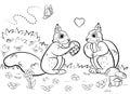 Printable coloring page outline of cute cartoon squirrels in love in a clearing. Vector image. Coloring book of forest wild