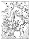 Printable Colouring Page . Lineart with girl and flowers