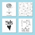 Printable cute cards for sites in the retro style of Hand-drawn. Sewing device and equipment for manufacturing and clothing and te