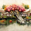 Printable digital art of oriental autumn garden with beautiful colorful trees and a pond