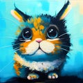 Printable digital oil painting of cute cat on blue background