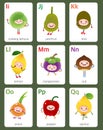 Printable flashcard English alphabet from I to Q with fruits and