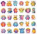 Printable monsters stickers. Cute cartoon creatures, colorful collection