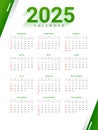 printable 2025 new year calendar template in white green color Royalty Free Stock Photo