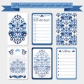 Printable notes, journal cards, labels, with blue damask ornaments. Royalty Free Stock Photo