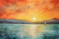 Printable seascape. Sailing boat on the sea in the sunset. Watercolor painting. Generative AI