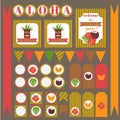 Printable set of hawaii party elements. Templates, labels, icons, flags and wraps