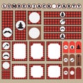 Printable set of vintage Lumberjack party elements. Templates, labels, icons and wraps.