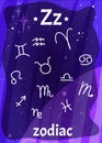 Cartoon printable space alphabet flashcard with letter Z and zodiac signs Royalty Free Stock Photo