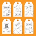 Printable tags in a retro style Hand-drawn. Sewing devices, devices for manufacturing, tailoring and textiles. Made in the USA, Ch Royalty Free Stock Photo