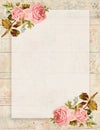 Printable vintage shabby chic style floral rose stationary on wood background