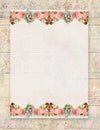 Printable vintage shabby chic style floral rose stationary on wood background