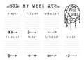 Vector weekly planner in boho style with arrows and feathers. Printable week schedule with hand drawn elements, ready to use