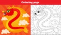 Printable worksheet with coloring page for kids with traditional chinese dragon in oriental style with clouds