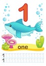 Printable worksheet for kindergarten and preschool. We train to write numbers. Mathe exercises. Bright figures on a marine backgro