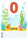 Printable worksheet for kindergarten and preschool. We train to write numbers. Mathe exercises. Bright figures on a marine backgro