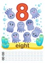 Printable worksheet for kindergarten and preschool. We train to write numbers. Mathe exercises. Bright figures on a marine backgro