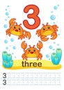 Printable worksheet for kindergarten and preschool. We train to write numbers. Mathe exercises. Bright figures on a marine backgro