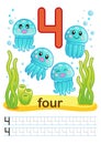 Printable worksheet for kindergarten and preschool. We train to write numbers. Mathe exercises. Bright figures on a marine backgro