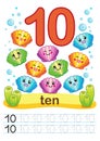 Printable worksheet for kindergarten and preschool. We train to write numbers. Mathe exercises. Bright figures on a marine backgro