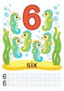 Printable worksheet for kindergarten and preschool. We train to write numbers. Mathe exercises. Bright figures on a marine backgro